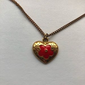 Gold heart necklace with red flower detail